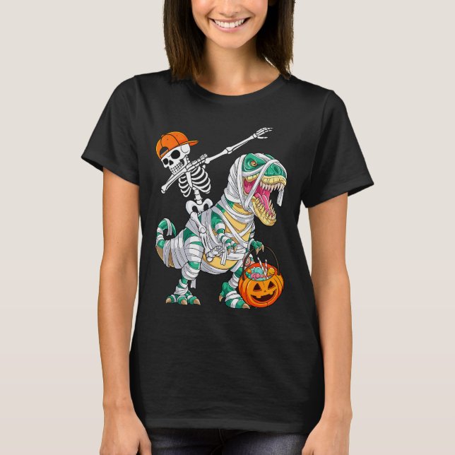 Skeleton Riding Dancing Dab Dinosaur T Rex Hallowe T-Shirt (Vorderseite)