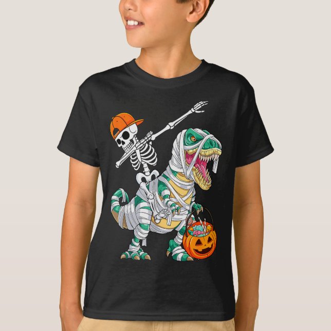 Skeleton Riding Dancing Dab Dinosaur T Rex Hallowe T-Shirt (Vorderseite)