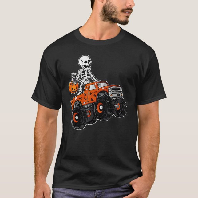 Skeleton Riding Monster Truck Lazy Halloween Costu T-Shirt (Vorderseite)