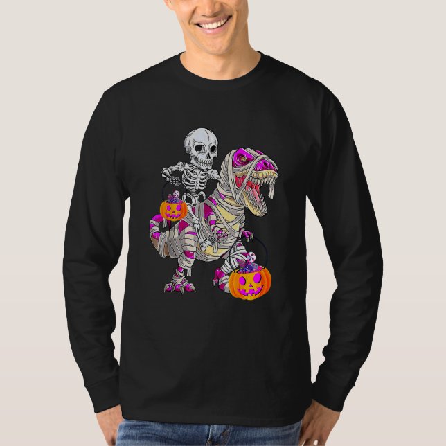 Skeleton Riding Mummy Dinosaur Rex Halloween  Pump T-Shirt (Vorderseite)
