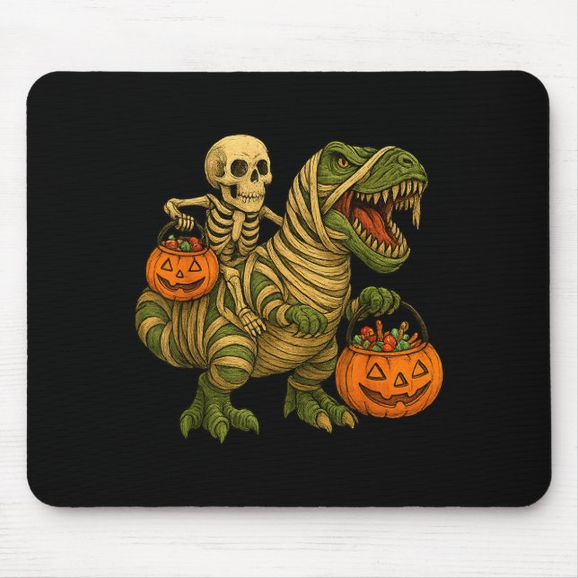 Skeleton Riding Mummy Dinosaur T Rex Halloween Fun Mousepad (Vorne)