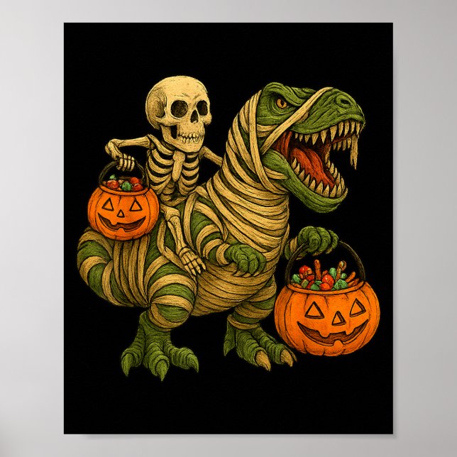 Skeleton Riding Mummy Dinosaur T Rex Halloween Fun Poster (Vorne)