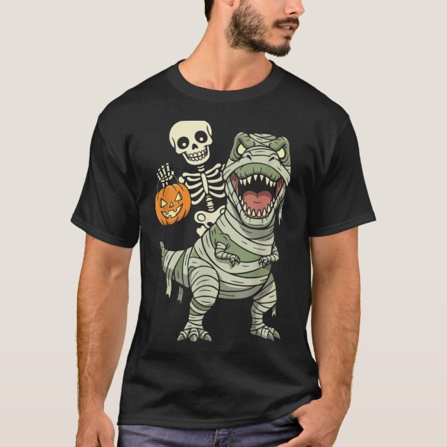 Skeleton Riding Mummy Dinosaur T Rex Halloween Fun T-Shirt (Vorderseite)