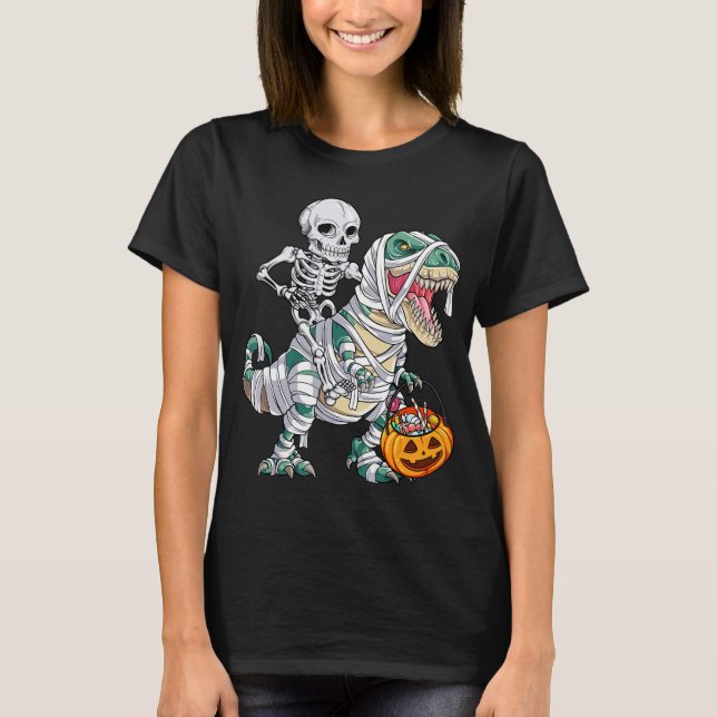 Skeleton Riding Mummy Dinosaur T rex Halloween Kin T-Shirt (Vorderseite)