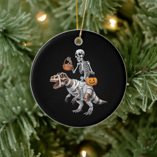 Skeleton Riding Mummy Dinosaur T rex Halloween Spa Keramik Ornament (Baum)