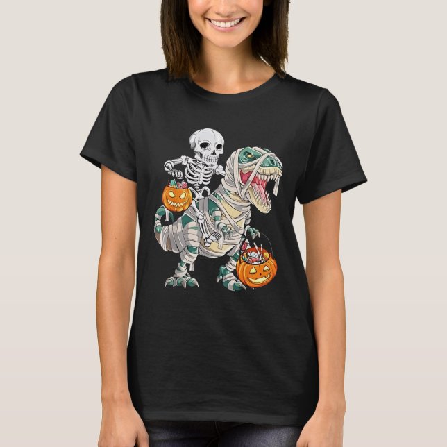 Skeleton Riding Mummy Dinosaur T rex Halloween Spa T-Shirt (Vorderseite)