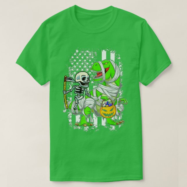 Skeleton Riding Mummy Dinosaur T rex Halloween Spa T-Shirt (Design vorne)