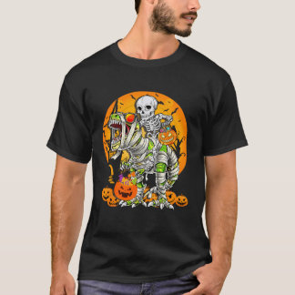 Skeleton Riding Mummy Dinosaur T Rex Halloween Spa T-Shirt