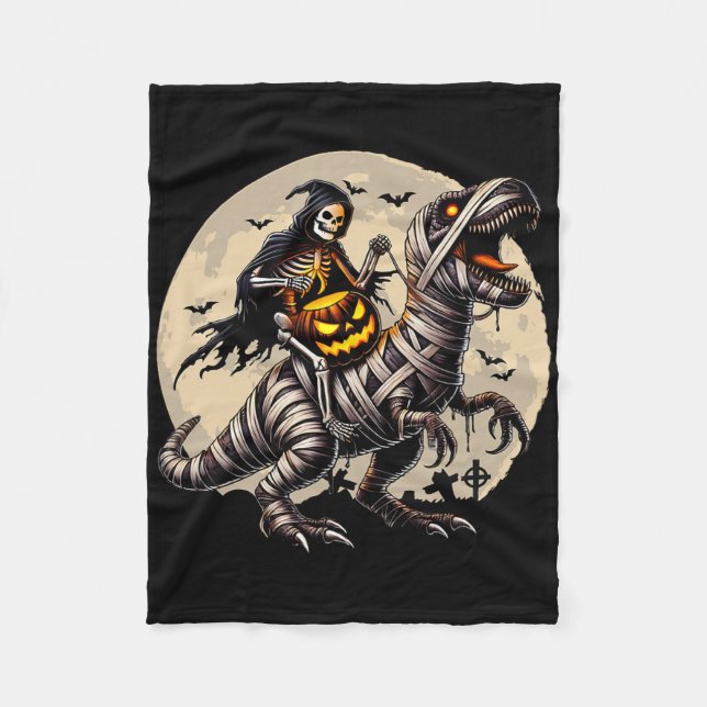 Skeleton Riding Mummy Dinosaur T Rex Pumpkin Funny Fleecedecke (Vorderseite)