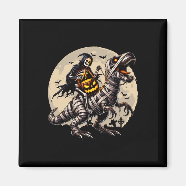 Skeleton Riding Mummy Dinosaur T Rex Pumpkin Funny Magnet (Vorne)