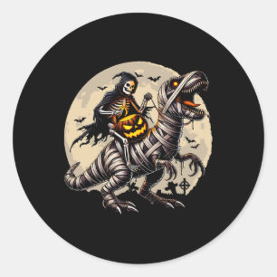 Skeleton Riding Mummy Dinosaur T Rex Pumpkin Funny Runder Aufkleber