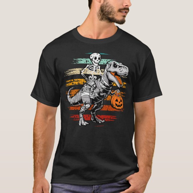 Skeleton Riding Mummy Dinosaur T rex Retro Hallowe T-Shirt (Vorderseite)