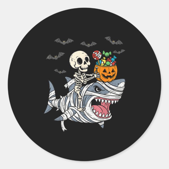 Skeleton Riding Mummy Shark Halloween Boys Toddler Runder Aufkleber (Vorderseite)