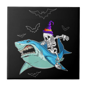 Skeleton Riding Shark Funny - Crazy Halloween Gesc Fliese