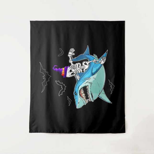 Skeleton Riding Shark Funny - Crazy Halloween Gesc Wandteppich (Vorderseite)