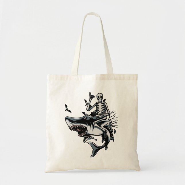 Skeleton Riding Shark Funny Halloween Boys Girls K Tragetasche (Vorne)