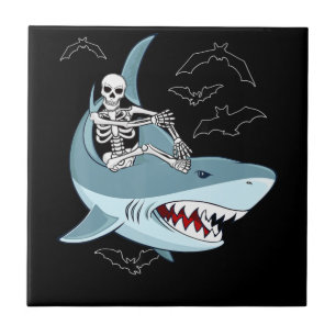 Skeleton Riding Shark Funny Halloween Geschenke Fliese