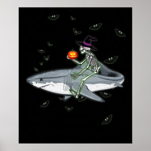 Skeleton Riding Shark - Funny Halloween Shark Gesc Poster