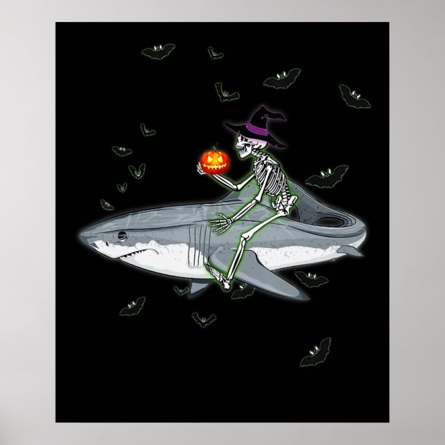 Skeleton Riding Shark - Funny Halloween Shark Gesc Poster (Vorne)