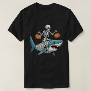 Skeleton Riding Shark Mummy Funny Halloween T-Shirt