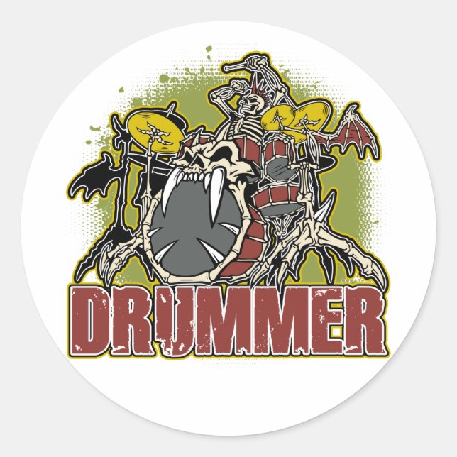 Skeleton Rock Drummer Runder Aufkleber (Vorderseite)