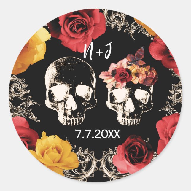 Skeleton Roter Gelber Fall Blumenhochzeit Runder Aufkleber (Vorderseite)