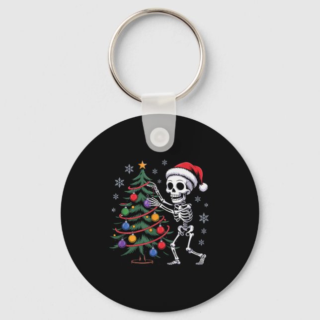 Skeleton Santa Hat Christmas Tree Creepy Cute Xmas Schlüsselanhänger (Vorderseite)