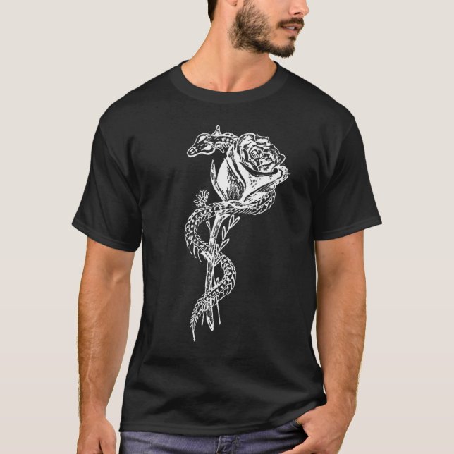Skeleton Schlangen-und Rosen-Druck T-Shirt (Vorderseite)