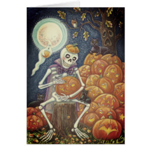 SKELETON, SCHWARZE KATZEN, DIE PUMPKIN GREETING CA