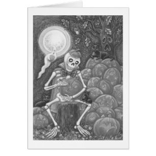 SKELETON, SCHWARZE KATZEN, DIE PUMPKIN GREETING CA
