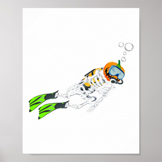Skeleton Scuba Diving Halloween Pumpkin Diver Poster (Vorne)