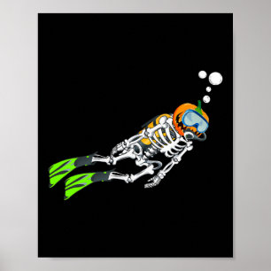 Skeleton Scuba Diving Halloween Pumpkin Diver Poster