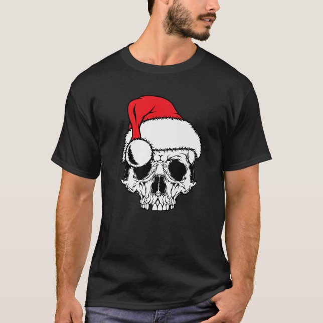 Skeleton Skull Beängstigend Xmas Weihnachtsmannmüt T-Shirt (Vorderseite)