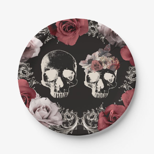 Skeleton Skull Mauve Dusty Rose Gothic Wedding Pappteller (Vorderseite)