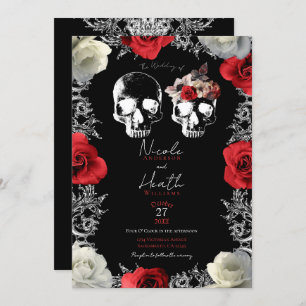 Skeleton Skull Red White Roses Gothic Wedding Einladung