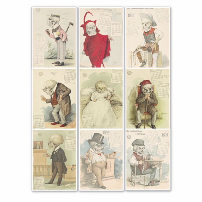 Skeleton Skulls Vintag 1800er Kalender Kunst Aufkleber (Vorderseite)