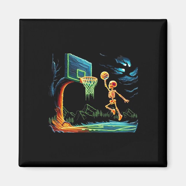 Skeleton Slam Dunk Hoop Bysketbyll Halloween Men B Magnet (Vorne)