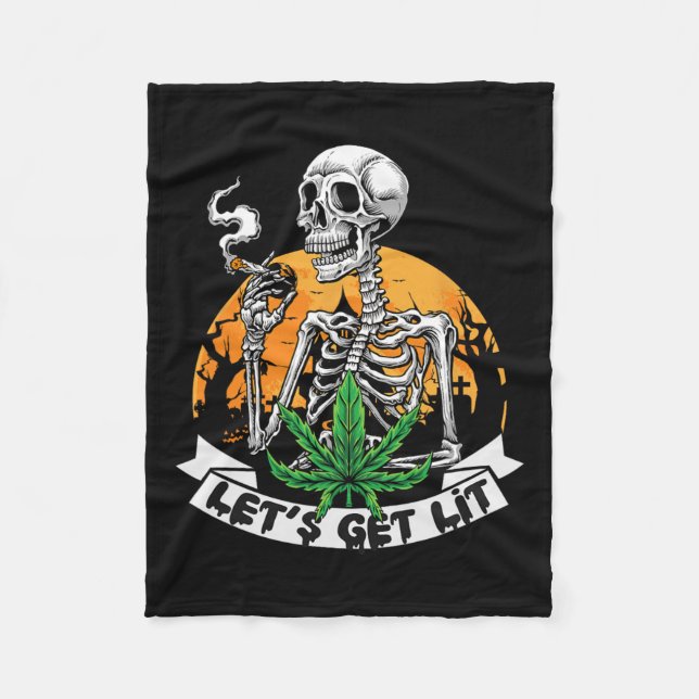 Skeleton Stoner Rauchen Unkraut Lit Hallowe Fleecedecke (Vorderseite)