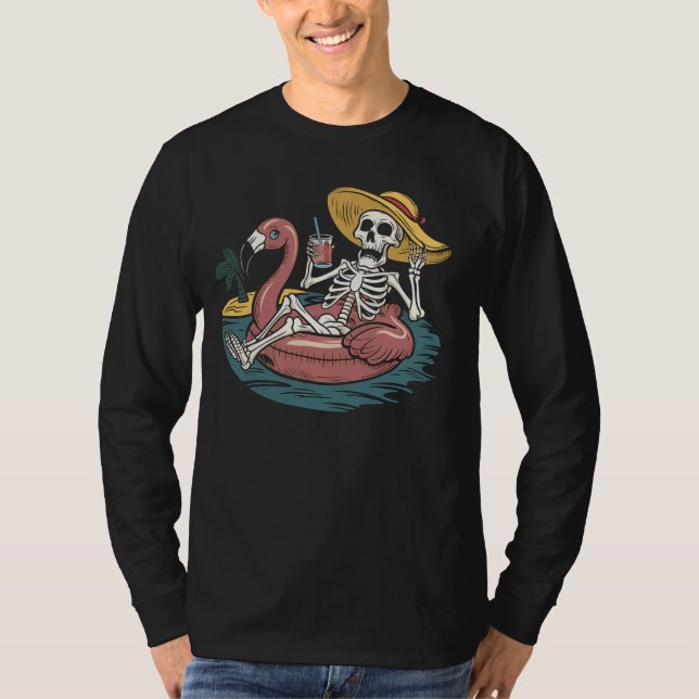 Skeleton Summer Vacation Flamingo Float Tropical B T-Shirt (Vorderseite)