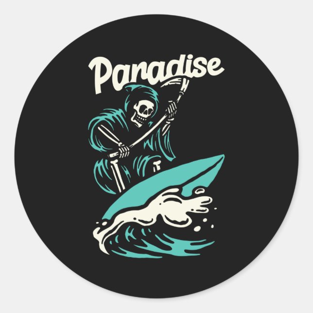 SKELETON SURFEN IN PARADISE RUNDER AUFKLEBER (Vorderseite)