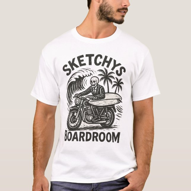 Skeleton Surfer on Motorbike – Grunge Surf Art Tee (Vorderseite)