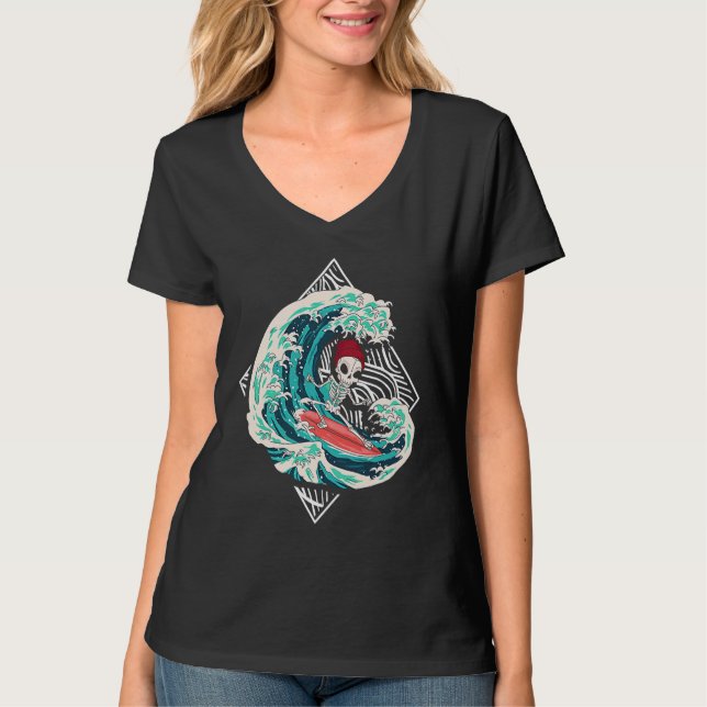 Skeleton Surfer Waves Ocean Surfboard Surfing T-Shirt (Vorderseite)