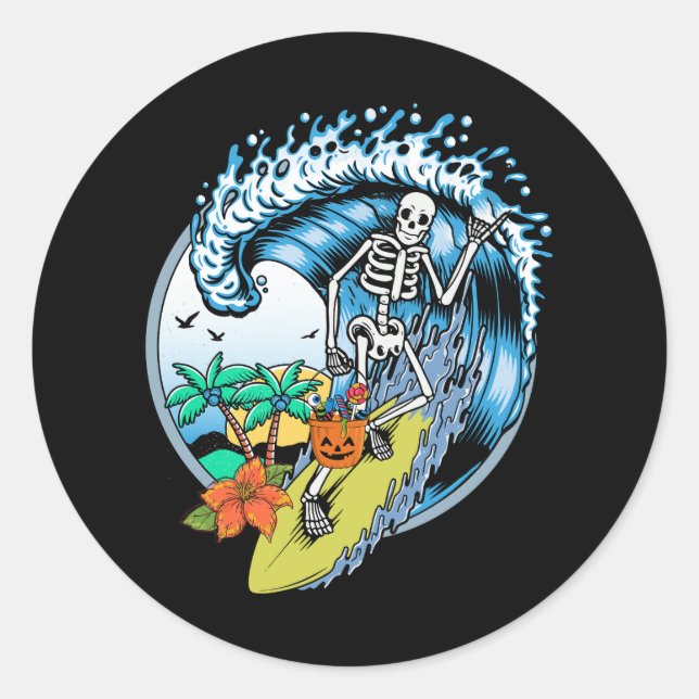 Skeleton Surfing Halloween Hawaii Hawaiianischer S Runder Aufkleber (Vorderseite)