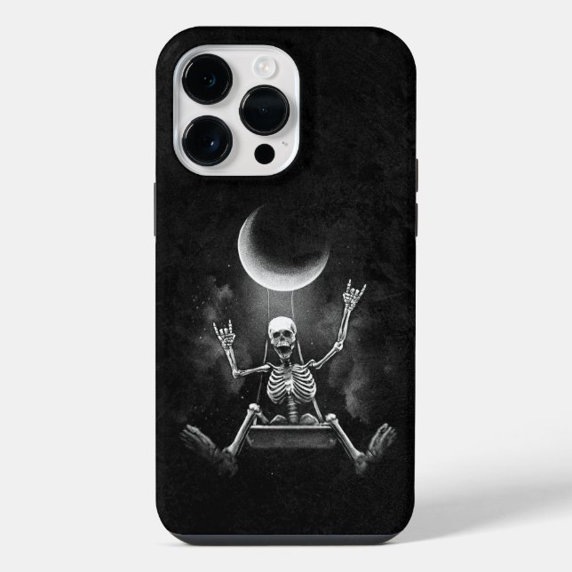 Skeleton Swinging Moon iPhone 14 Pro Max Hülle (Rückseite)