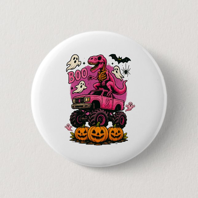 Skeleton T Rex Dinosaur Monster Truck Pumpkin Brea Button (Vorderseite)