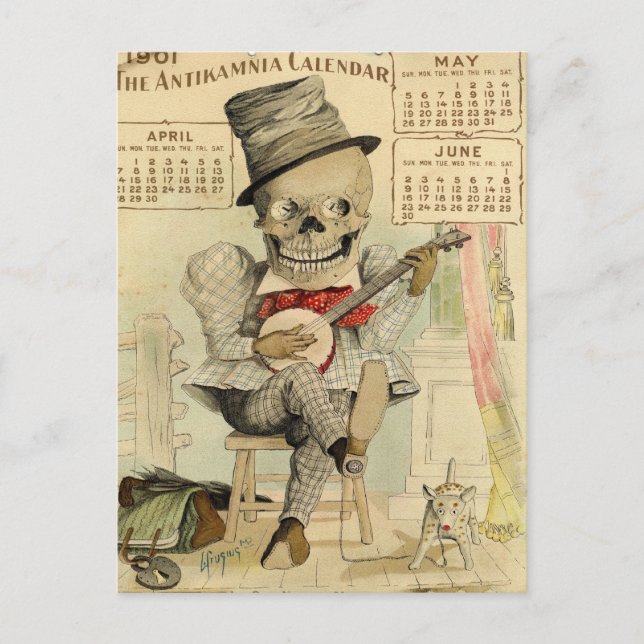 SKELETON Typ, Goth, Banjo Player, Kalender 1901 Postkarte (Vorderseite)