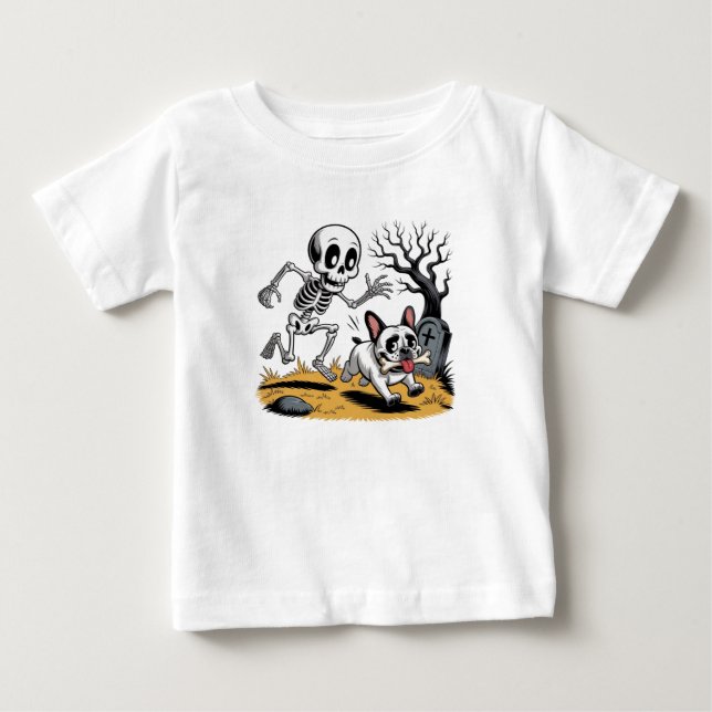 Skeleton vs French Bulldog – Funny Halloween Chase Baby T-shirt (Vorderseite)
