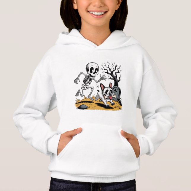 Skeleton vs French Bulldog – Funny Halloween Chase Hoodie (Vorderseite)