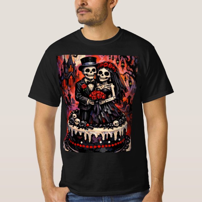 Skeleton Wedding, gothic Lovers Embrace  T-Shirt (Vorderseite)