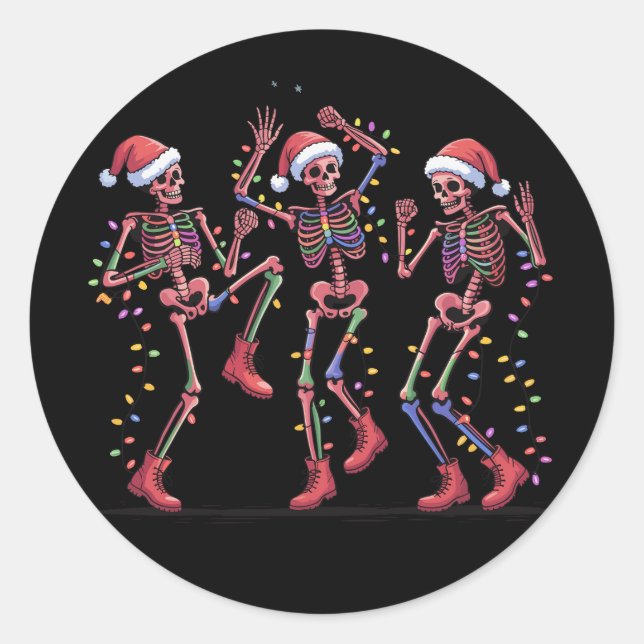 Skeleton Weihnachts-Tanz Skeleton Lights Merry Runder Aufkleber (Vorderseite)